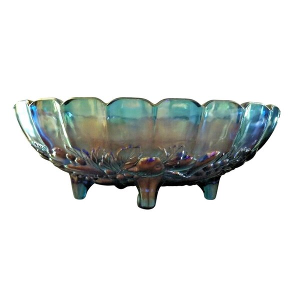 Indiana Glass Iridescent Blue Grape Harvest Carnival Oval Footed Fruit Bowl 12'' - Picture 1 of 6